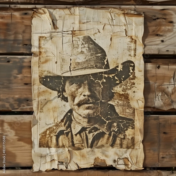 Obraz Wanted Poster of an Outlaw on a Weathered Wooden Wall