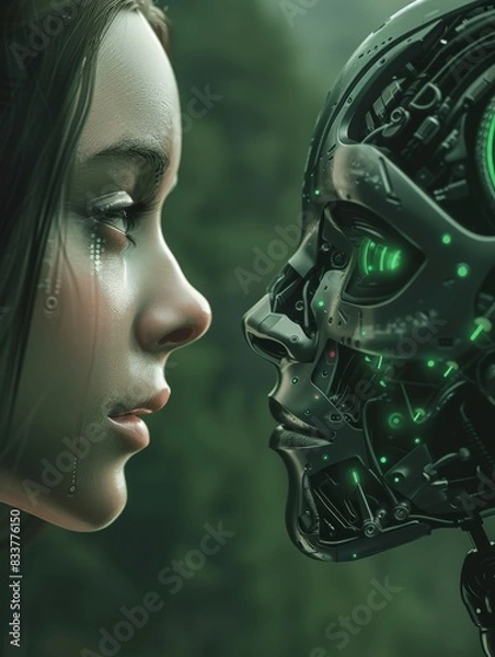 Obraz Woman Observing Robot Head With Green Eyes