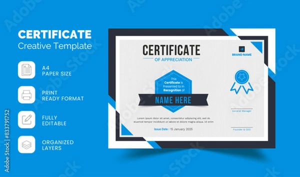 Obraz Minimal Professional Certificate Template | Certificate of Appreciation Template Design | Editable Organized Layered Layout