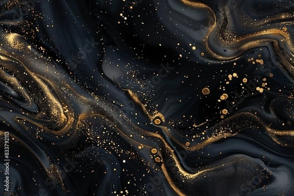 Fototapeta Dark luxury liquid paint abstract seamless pattern. Black ink with gold glitter decoration. AI generated