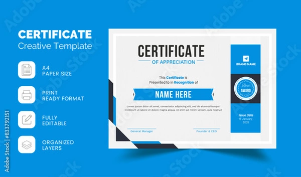 Fototapeta Minimal Professional Certificate Template | Certificate of Appreciation Template Design | Editable Organized Layered Layout