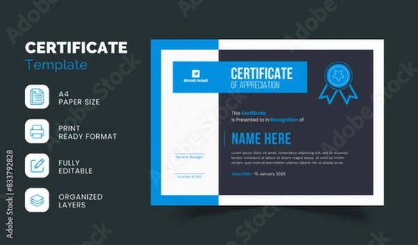 Fototapeta Minimal Professional Certificate Template | Certificate of Appreciation Template Design | Editable Organized Layered Layout