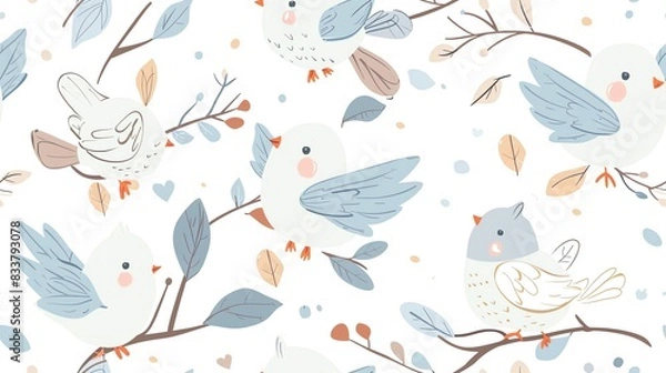 Fototapeta Pastel-colored seamless pattern with cute hand-drawn comic pigeon characters, flying and perched on branches, showcasing a fun and lighthearted style