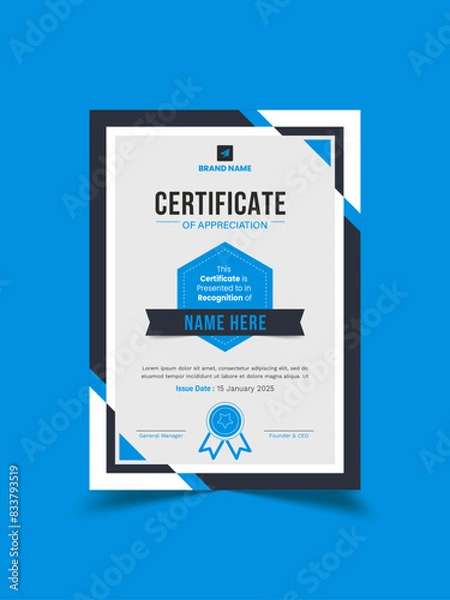 Fototapeta Minimal Professional Certificate Template | Certificate of Appreciation Template Design | Editable Organized Layered Layout