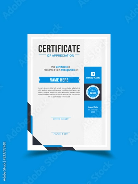 Fototapeta Certificate Template for Best Award I Modern certificate Design with Award Badge | Fully Editable Print Ready Template