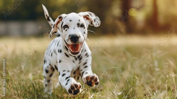 Fototapeta Playful spotted black white dalmatian puppy running on the grass in summer park. Dog training. Copy space.