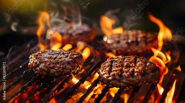 Obraz Juicy grilled beef burger meat patties sizzling on the barbecue with fire