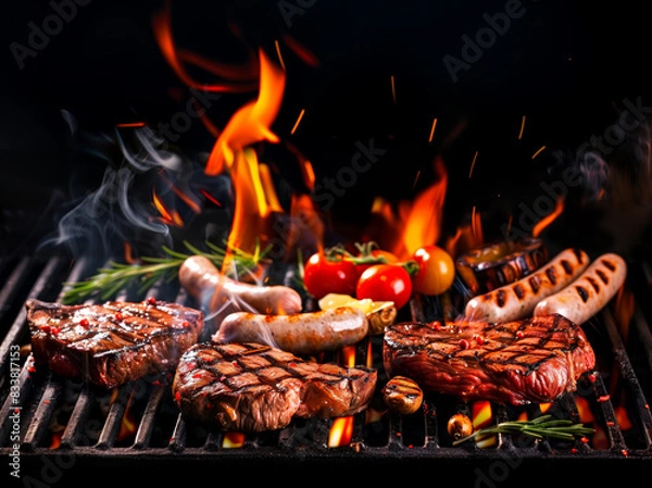 Obraz Juicy grilled beef steaks and sausages grillwurst with vegetables sizzling on outdoor grill with fire
