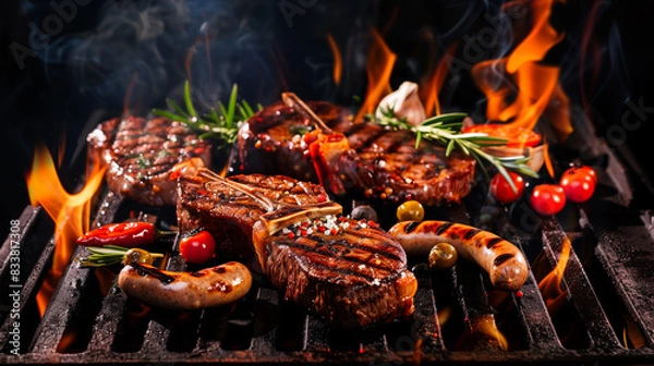 Obraz Juicy grilled beef steaks and sausages grillwurst with vegetables sizzling on outdoor grill with fire