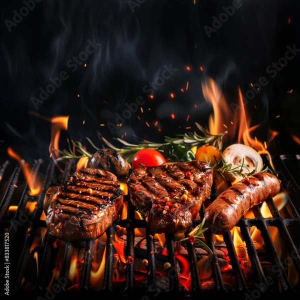 Obraz Juicy grilled beef steaks and sausages grillwurst with vegetables sizzling on outdoor grill with fire