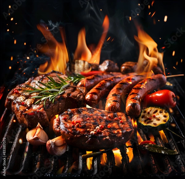 Obraz Juicy grilled beef steaks and sausages grillwurst with vegetables sizzling on outdoor grill with fire