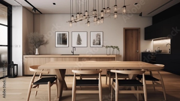 Fototapeta photo of a modern kitchen with large oakwood dining table and a frame hanging on the wall