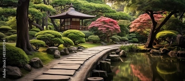 Fototapeta A beautiful pathway in a serene Japanese garden with oriental features, surrounded by lush greenery and peaceful ambiance, ideal for a copy space image.