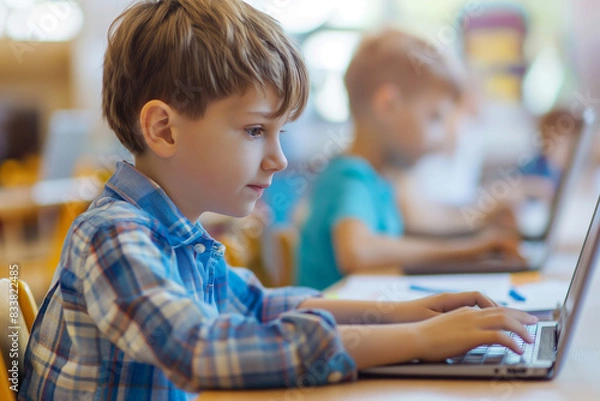Fototapeta Young Boy Using Laptop in Classroom