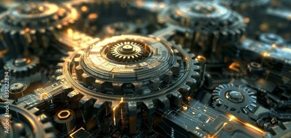 Obraz Protruding metallic gears and circuitry, symbolizing advanced technology, in a futuristic setting Utilize CG 3D techniques for a sleek, modern look