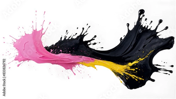 Fototapeta Abstract Splash of Acrylic Black, Yellow, and Pink Paint on Transparent Background. Generative AI