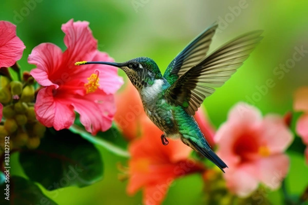 Fototapeta Hummingbird Hovering Near Vibrant Flowers in Tropical Jungle. Colibri bird against blurred natural background. Concept of harmony between wildlife and nature