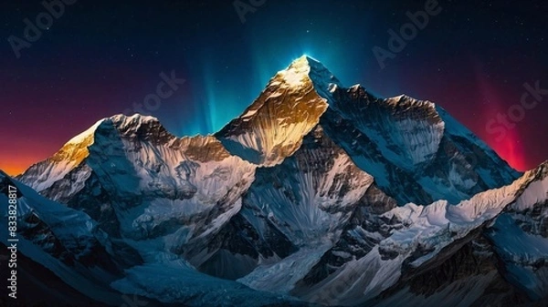 Fototapeta Majestic Everest Snow Capped Mountain Peaks. Soft Light of Dawn with the Northern Lights Shimmering Above. Generative AI