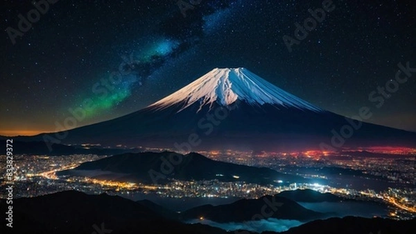 Fototapeta Stunning View of a Snow Capped Mountain Fuji with Stars and Lights Illuminating the Night Sky. Generative AI