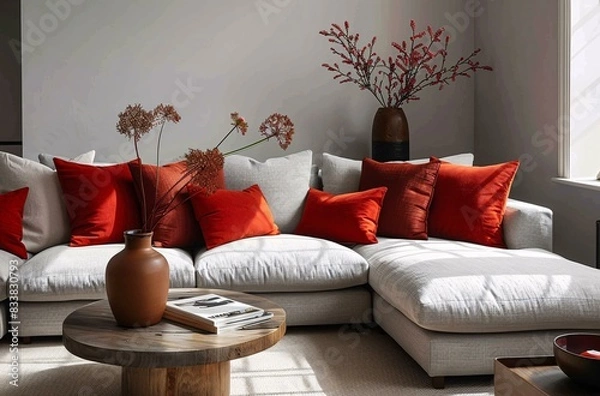 Fototapeta The living room features a white couch with orange pillows and a wooden table. There are also two vases with flowers on them, adding a touch of color and freshness to the space.