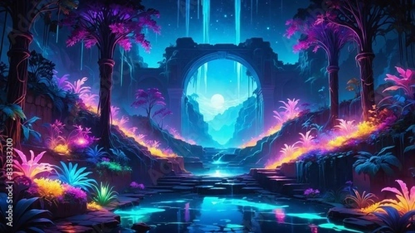 Fototapeta Bioluminescent Mystical Ancient Ruins with Vibrant Neon Lights and Starry Sky. Generative AI