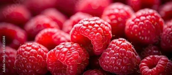 Fototapeta Close-up macro image of red raspberries with copy space image.