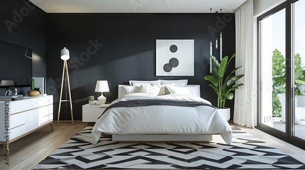 Fototapeta A modern minimalist bedroom with a platform bed