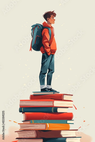 Fototapeta Aspiring young student standing tall on a pile of books