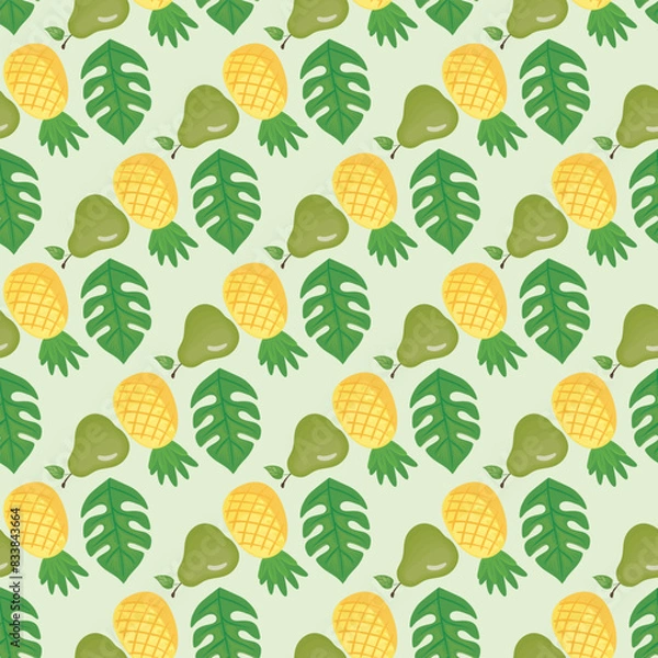 Fototapeta Tropical Fruits and monstera leaves Seamless Vector Pattern Design