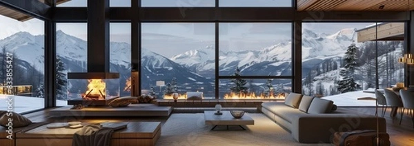 Fototapeta Modern luxury chalet with open-plan living room, floor-to-ceiling windows, and panoramic mountain views surrounding a roaring fireplace |
