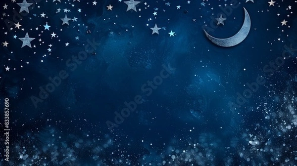 Fototapeta Subtle Eid ul Adha night sky with silver stars and a crescent moon on a deep, midnight blue background for a serene atmosphere