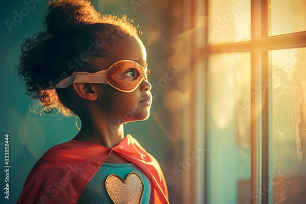 Fototapeta Portrait of an African-American little girl dressed as a superhero looking up to an open window. Generative Ai.