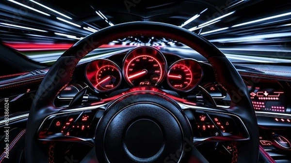 Obraz Dynamic speedometer glowing with vivid red needle against black