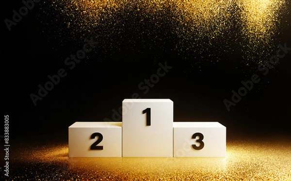 Fototapeta Empty Winners podium with 3 places. Luxury background with golden confetti