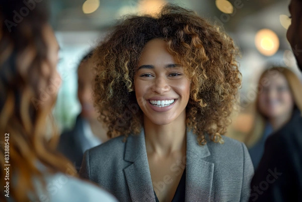 Fototapeta Confident woman engaging in conversation with colleagues. Shows a professional setting, ideal for business networking, teamwork, and positive office dynamics portrayed.