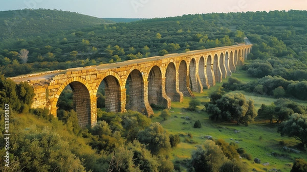 Obraz An ancient Roman aqueduct extends across a vibrant green valley under soft golden hour sunlight, with a hilly forest backdrop.