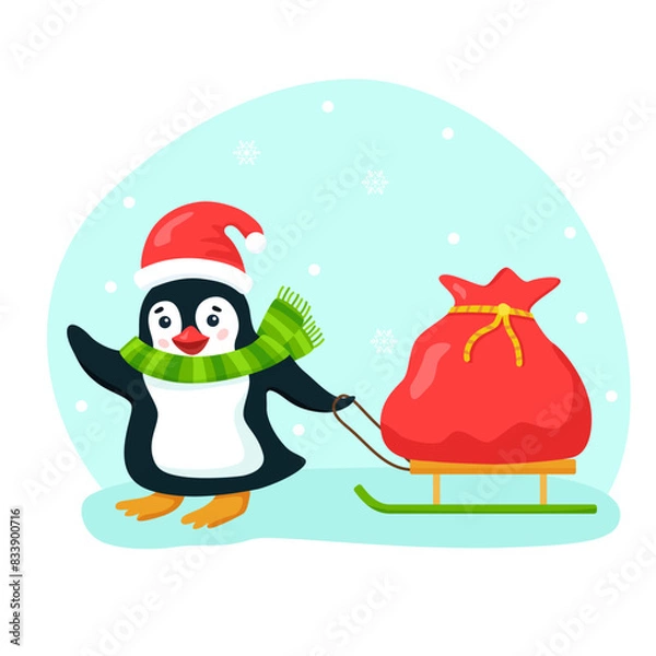 Fototapeta Funny flat penguin with Christmas hat and scarf on snowy background. Vector cartoon illustration with Christmas bag. Hand drawn image of cute winter character with smile for holiday poster or card