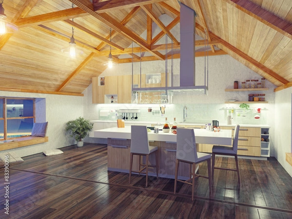 Fototapeta attic modern kitchen interior
