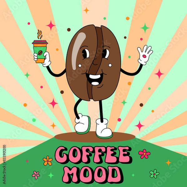 Fototapeta Comic flat coffee Bean with face on decorated background. Vector cartoon illustration in groovy retro style with coffee cup drink. Vintage image of cute coffee smiling character for poster or banner