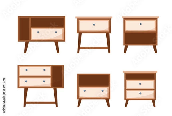 Fototapeta Set of flat nightstands on white background. Interior items of cozy modern midcentury design concept of bedside table. Vector cartoon hand drawn illustration with home decor furnishing element