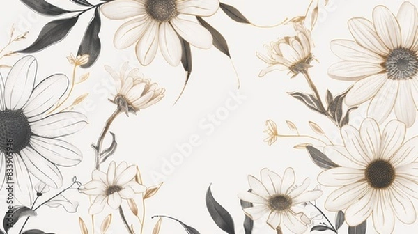 Fototapeta Daisies floral, luxury botanical on white background vector, empty space in the middle to leave room for text or logo, gold line wallpaper, leaves, flower, foliage, hand drawn