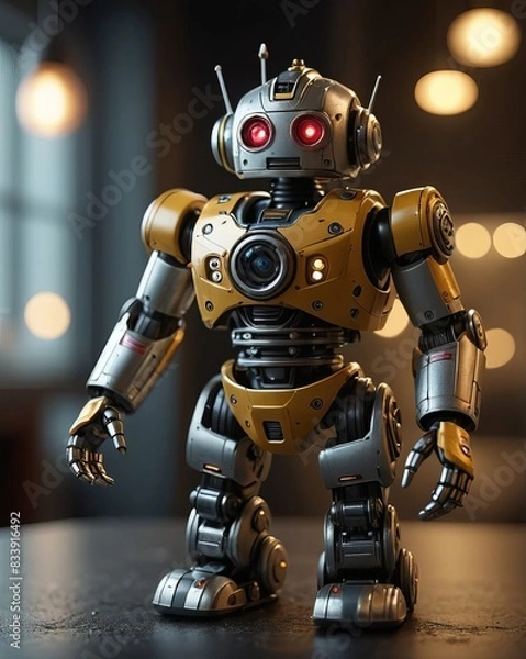 Fototapeta A Sleek Toy Robot with Futuristic Design, Metallic Silver and Blue with LED Lights, Standing on a Wooden Table, Surrounded by Other Toy Gadgets, Photographed in Hyperrealistic Cinematic Style