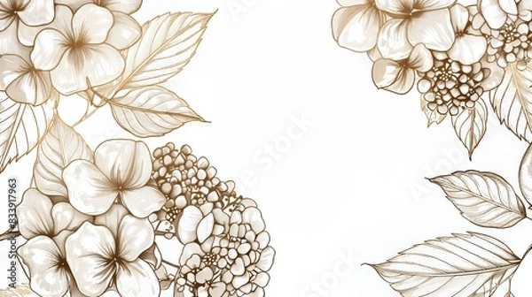 Fototapeta Hydrangeas floral, luxury botanical on white background vector, empty space in the middle to leave room for text or logo, gold line wallpaper, leaves, flower, foliage, hand drawn