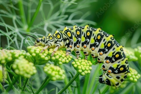 Fototapeta A close-up shot of a caterpillar resting on a leaf, with intricate details visible