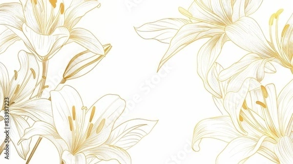 Fototapeta Lilies floral, luxury botanical on white background vector, empty space in the middle to leave room for text or logo, gold line wallpaper, leaves, flower, foliage, hand drawn