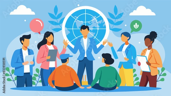 Fototapeta A group of young leaders participating in a mock United Nations summit using their skills in diplomacy and negotiation to find common ground and. Vector illustration