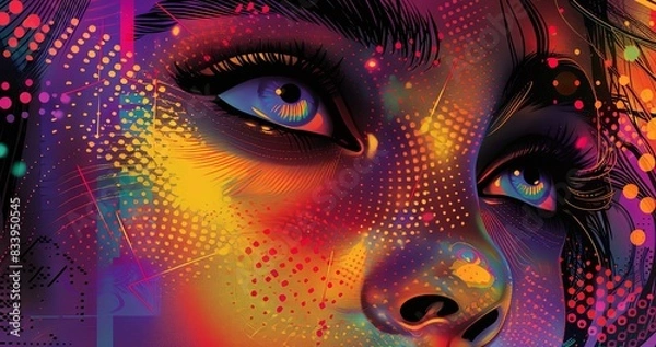 Fototapeta A colorful painting of a woman's face with blue eyes