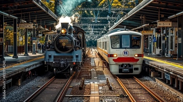 Fototapeta Steam Train And Modern Passenger Train Side By Side Busy Station, With Platforms Lined With Passengers