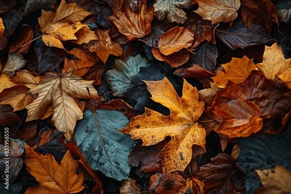 Fototapeta Autumn leaves , Orange maple leaves on the ground with a bokeh effect defocused background, AI generated