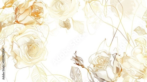 Fototapeta Rose floral, luxury botanical on white background vector, empty space in the middle to leave room for text or logo, gold line wallpaper, leaves, flower, foliage, hand drawn